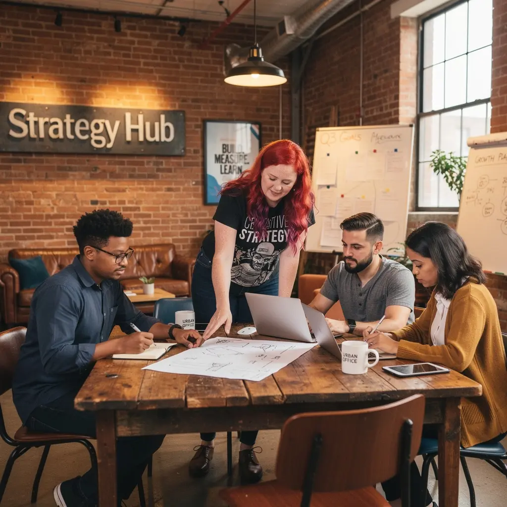 Biuro z inspirującymi cytatami na ścianach i przyjazną atmosferą.